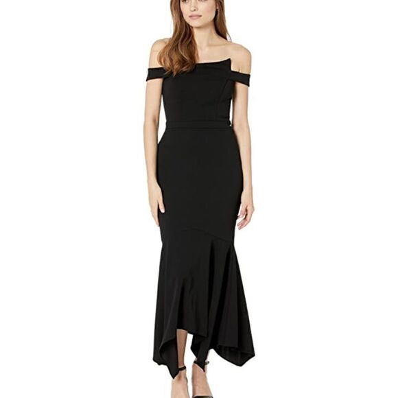 Xscape Off-the-Shoulder Scuba Crepe Flounce Dress| Size 6 - Picture 1 of 10
